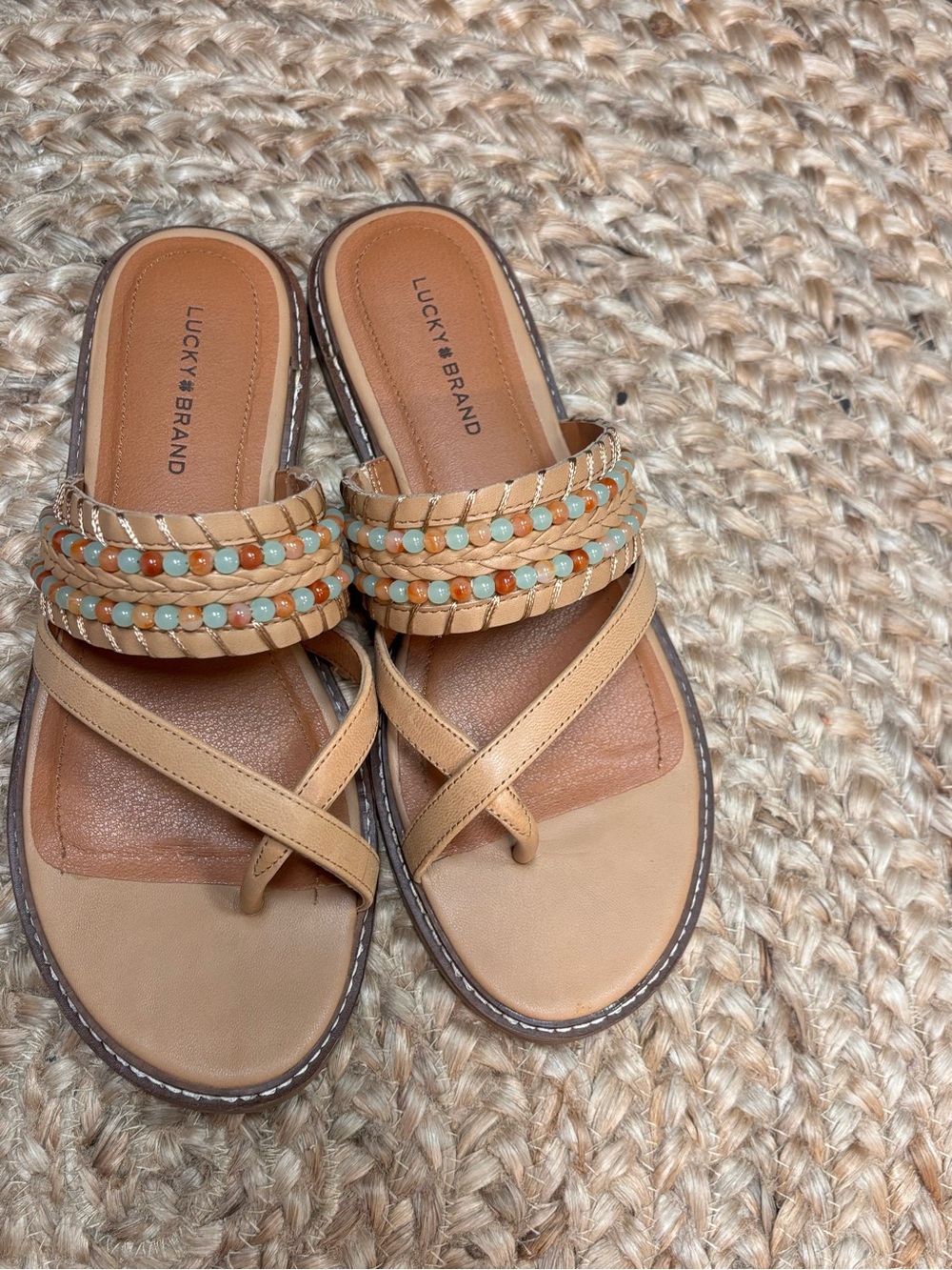 Lucky Brand Tan Beaded Leather Slide Sandals - Picture 2 of 7